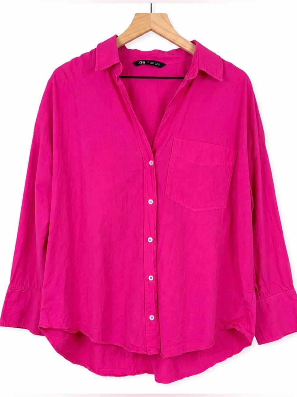 Zara Oversized Button Up Shirt Medium Hot Pink 100% Cotton Collared Pocket Top